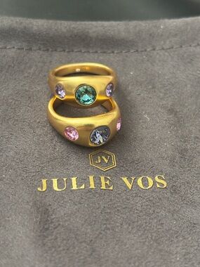 NWOT Julie Vos Gold-Tone Dome Ring with Blue and Green Crystals  set of two s